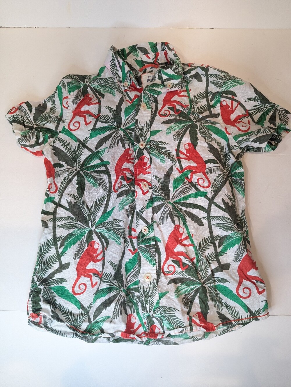 Mini Boden Jungle Red Monkey Green Palm Trees Linen Cotton Blend Button Size 7-8